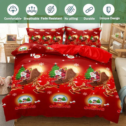3Pcs/Set Christmas Duvet Cover Pillowcase Set,Christmas Holiday Decorative Comforter Cover Set Red with Christmas Reindeer and Snowflake Patterns Pillowcase (Quilt, pillow heart not included)