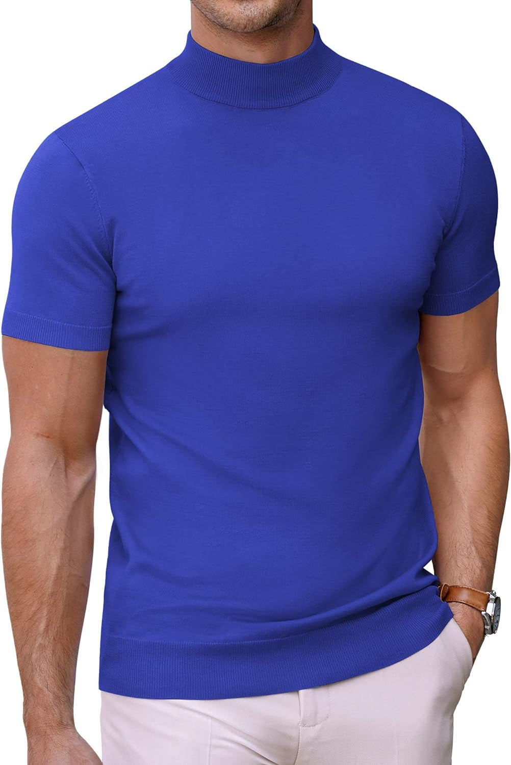 Mens Mock Turtleneck Sweater Short Sleeve Solid Color T-Shirts Basic Slim Fit Knitted Pullover Tees