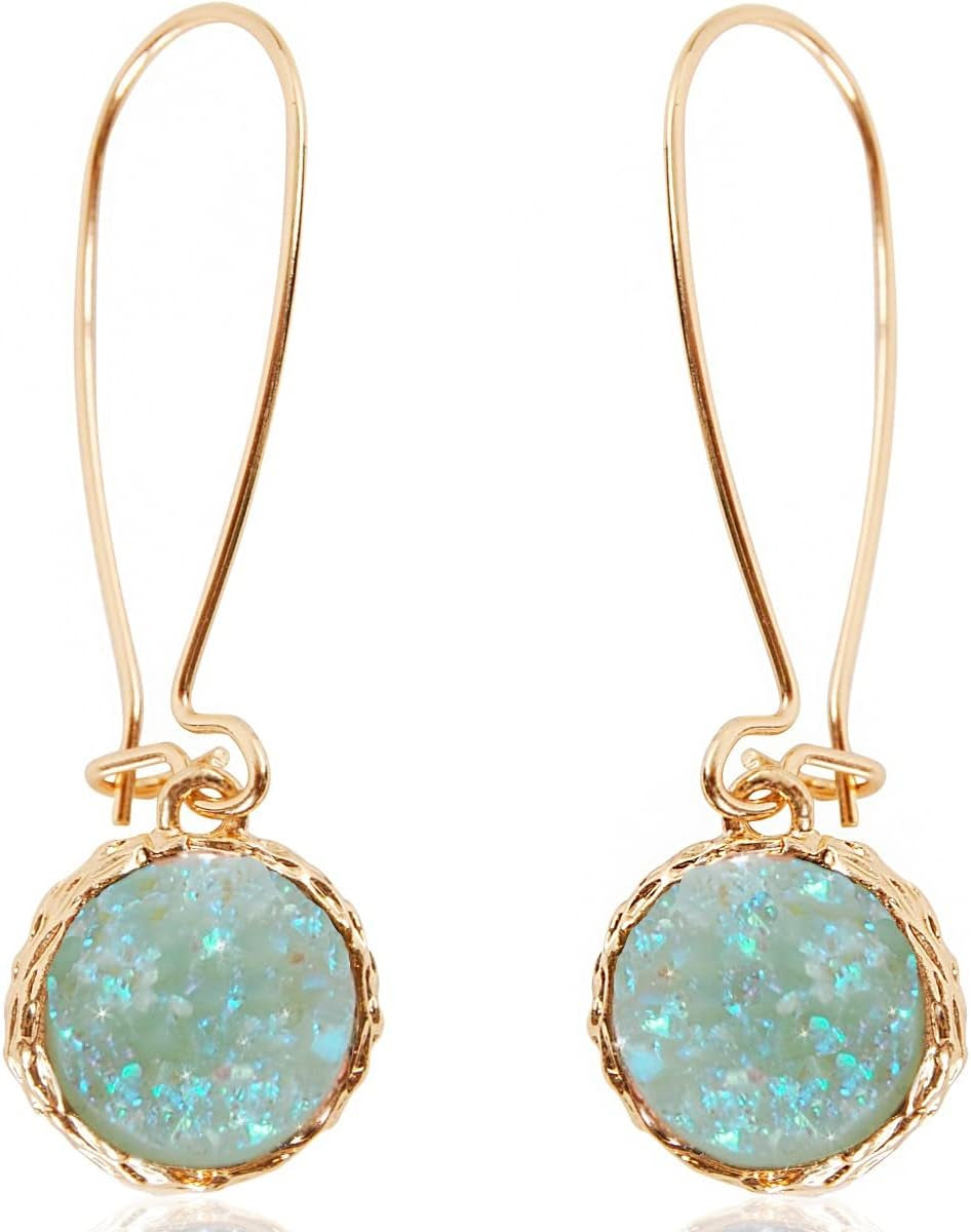 Humble Chic Simulated Druzy Threader Drop Earrings for Women - Gold, Silver, or Rose Gold Tone Trendy Boho Dangles with Sparkly Round Stone