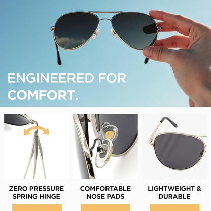 Premium Military Style Classic Aviator Sunglasses, Polarized, 100% UV Protection for Men Women
