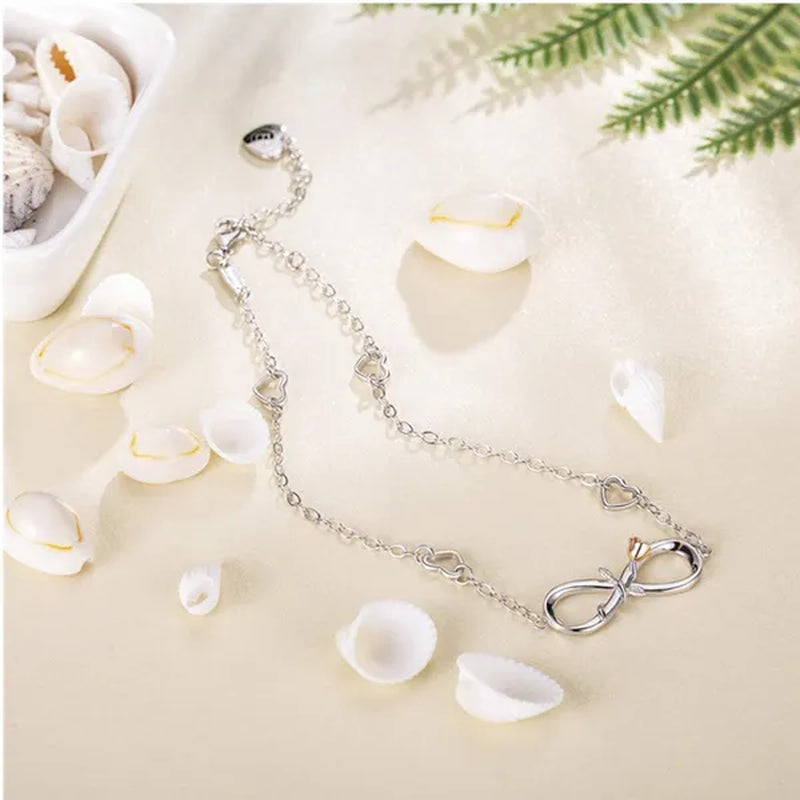 Exquisite Fashion Womens Ankle Bracelet 925 Sterling Silver Anklet Cubic Zirconia Infinity Heart Summer Beach Stylish Chain Adjustable Gift for Women