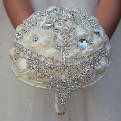 21CM Luxury Crystal Brooch Bridesmaid Bridal Bouquet Shiny Rhinestone Tassel Wedding Flower Bouquet Ribbon Silk Rose Artificial Flower Wedding Supplies