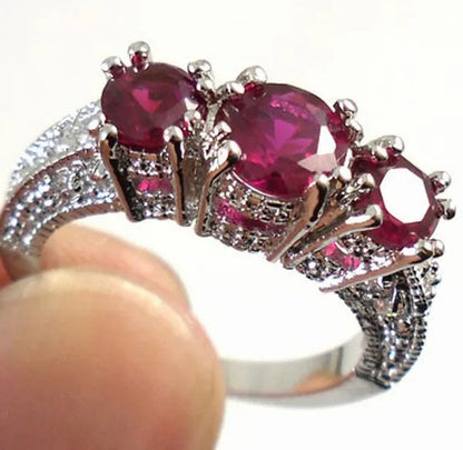 925 Sterling Silver Three Stone Emerald Ruby Sapphire Wedding Piercing Ring