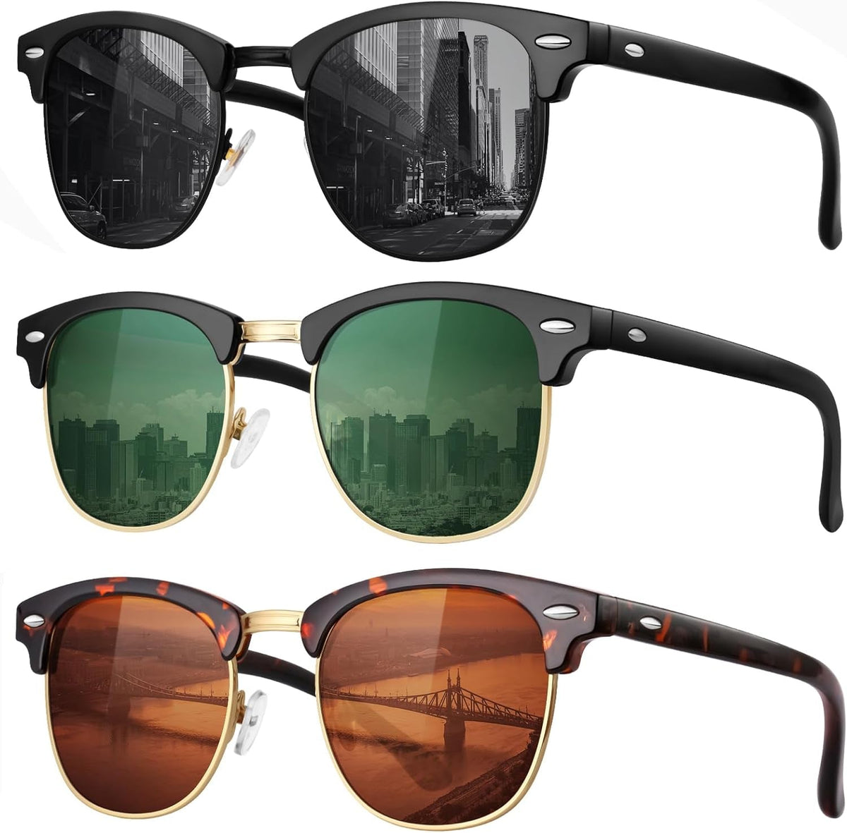 Classic Polarized Sunglasses for Men and Women Retro Style Semi Rimless Frame Sun Glasses 100% UV Protection Goggles