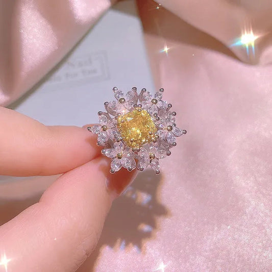 Womens Ladies Citrine Gemstone Bling Crystal Flower Design Crown Ring Adjustable Open Ring Wedding Party Ring Jewelry