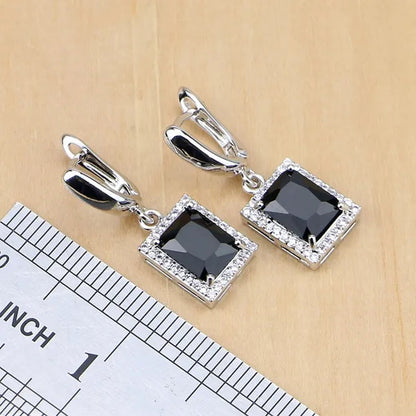 Women 925 Sterling Silver Jewelry Black Sapphire White Birthstones Jewelry Set Wedding Earrings/Pendant/Necklace/Ring