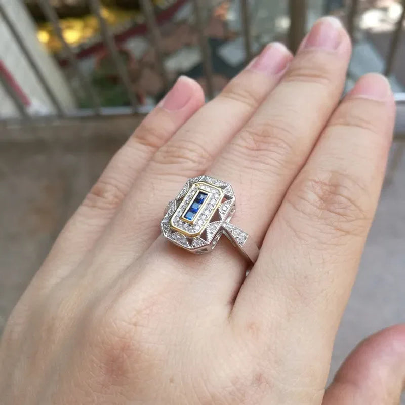 Princess Blue Sapphire White CZ 925 Sterling Silver Yellow Gemstone Ring Sz 5-10