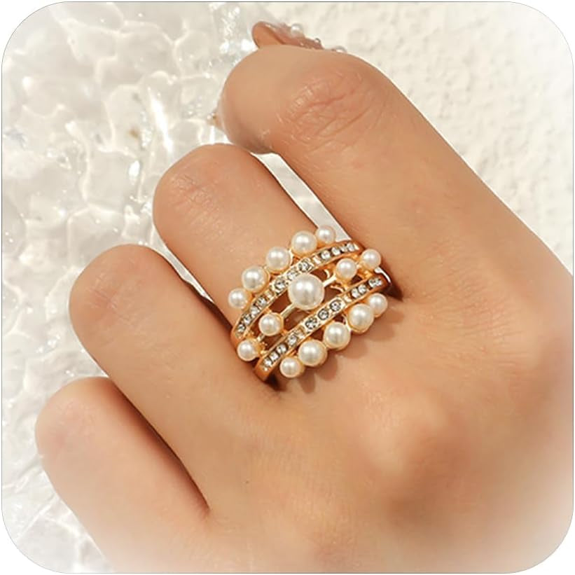 Pearl Rings for Women - Freshwater Gold Pearl Stackable Beaded Open Adjustable Boho Vintage Thumb Midi Pinky Knuckle Rings - Christmas Jewelry Gifts