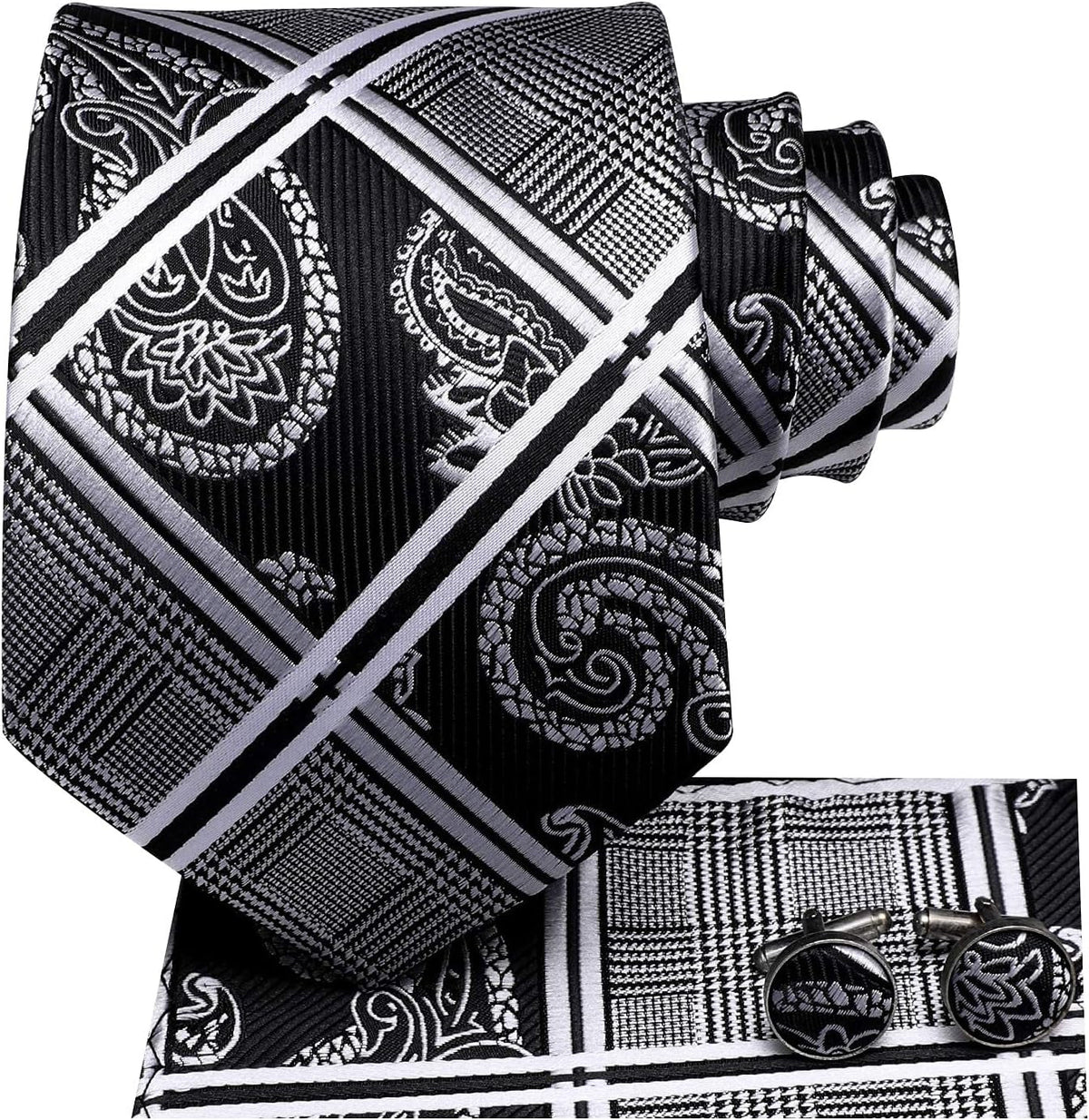 Mens Plaid Ties Classic Paisley Necktie with Handkerchief Cufflinks Set Business Stripe Tie