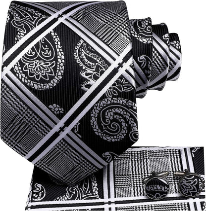 Mens Plaid Ties Classic Paisley Necktie with Handkerchief Cufflinks Set Business Stripe Tie
