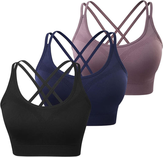 Cross Back Sports Bra for Women Padded Strappy Yoga Bra Medium Support Workout Bra for Athletic Gym Fitness 3 Pack