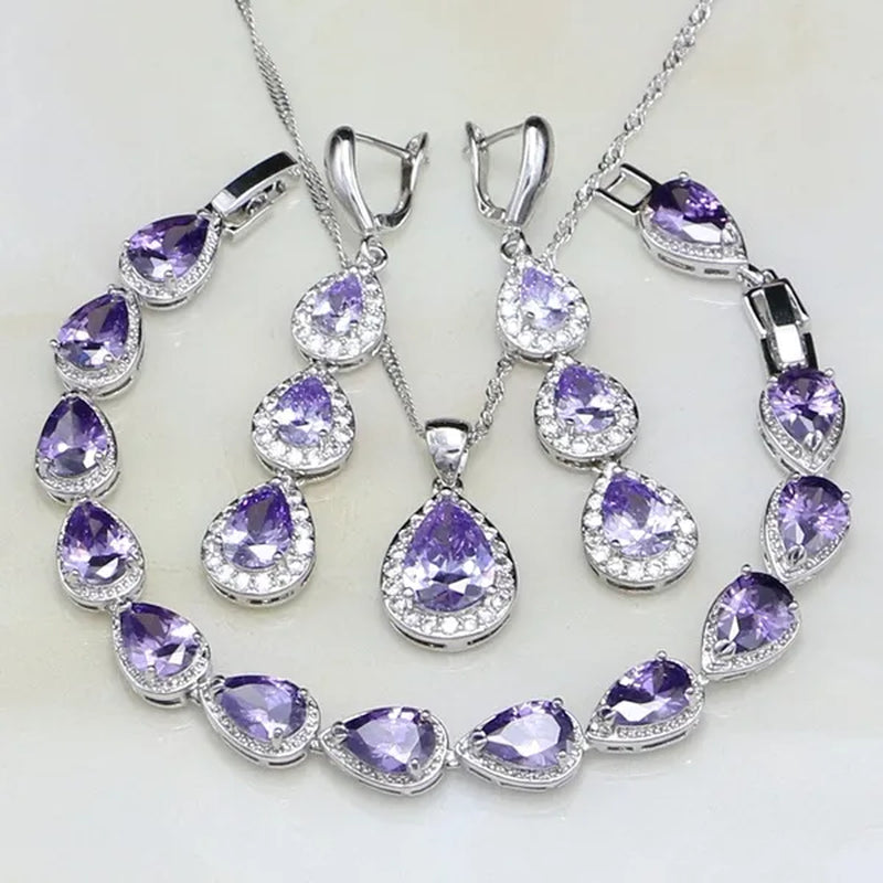 Trendy Water Drop Blue Sapphire White Topaz 925 Sterling Silver Jewelry Sets Women Wedding Earrings/Pendant/Necklace/Bracelet