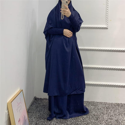 Women Muslim 2 Set Solid Color plus Long Sleeve Thobe One-Size Longuette Overall Abaya Thobe with Hoodied Hijab