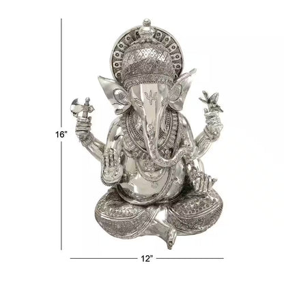 Silver Polystone Meditating Ganesh Sculpture with Engraved Carvings and Relief Detailing