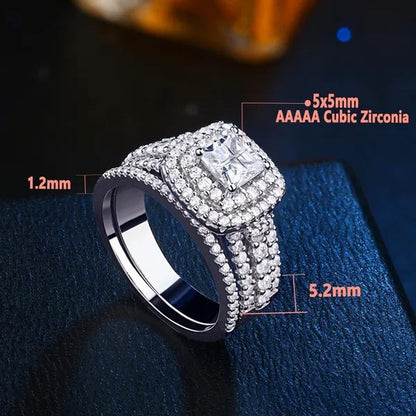 Newshe 925 Sterling Silver Princess Cross Halo Cubic Zirconia Wedding Ring Sets for Women Elegant Engagement Rings Sz 4-13