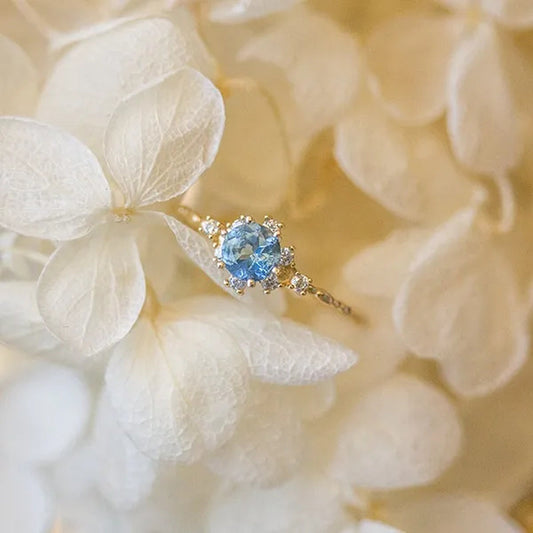 Women Dainty Seablue Sapphire Gemstone Diamond 18k gold plated  plated Rings Wedding Engagement Courtship Ring Accessories