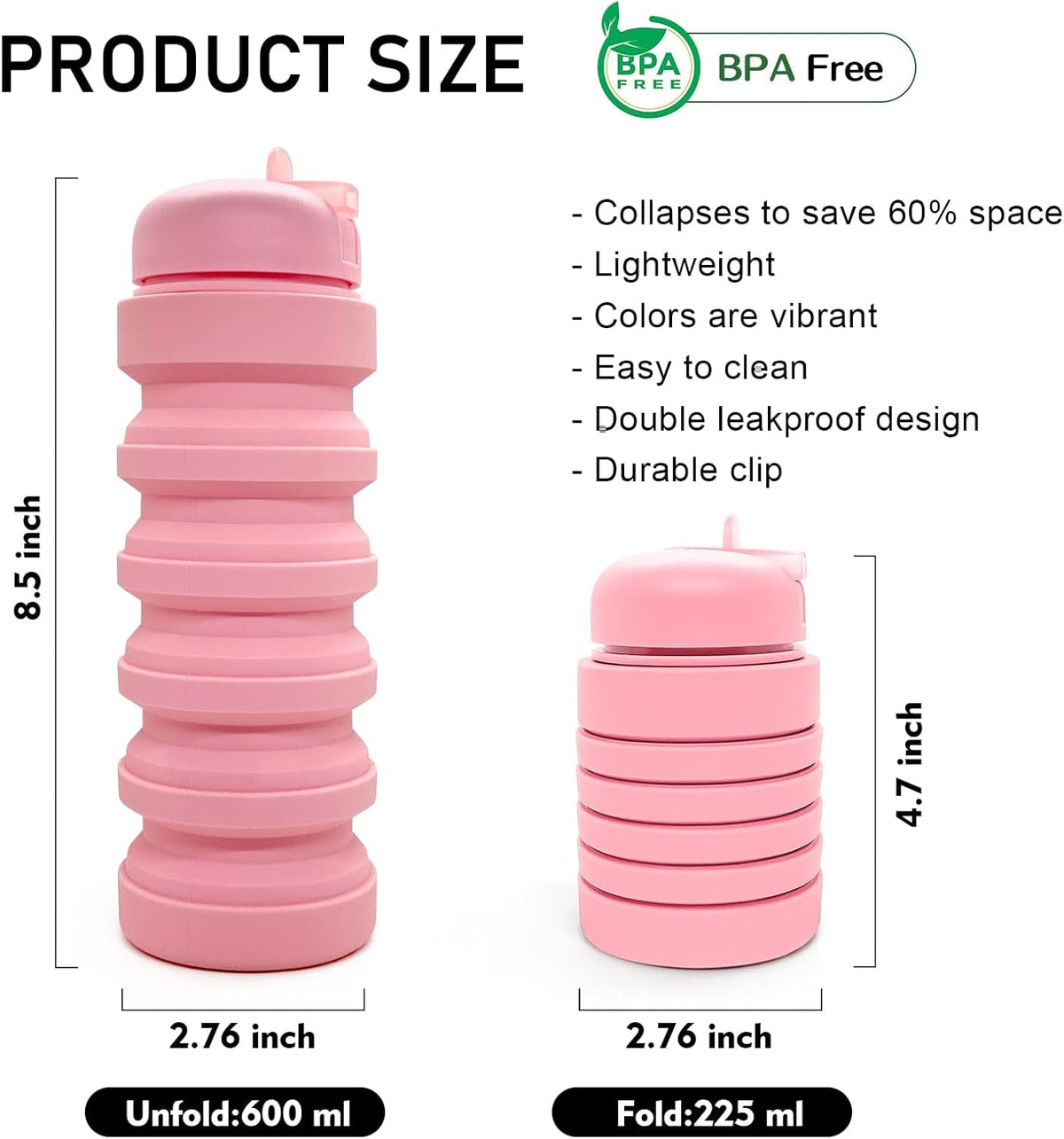 Collapsible Water Bottle 20Oz, Travel Portable Sport Water Bottle, Silicone Reusable Leakproof Foldable Water Bottles for Gym Camping Outdoor Hiking, BPA Free