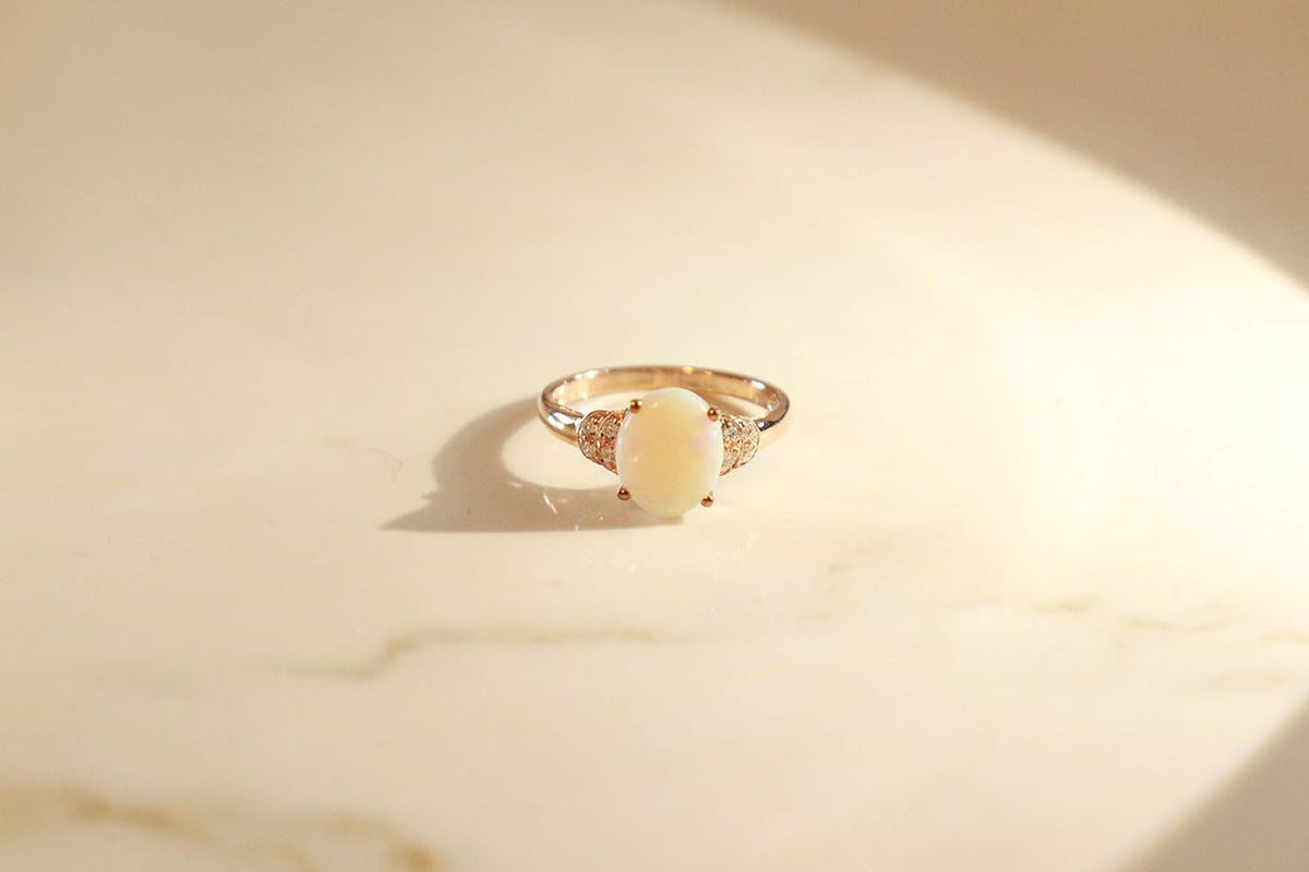 10K Rose Gold Natural Ethiopian Opal Ring with Real Diamonds for Women | Ethically, Authentically & Organically Sourced (Oval) Shaped Opal Hand-Crafted Jewelry for Her | Opal Ring for Women