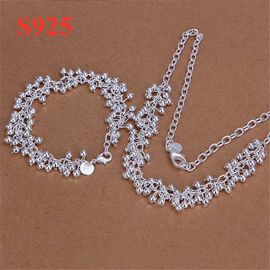 Women's Charm 925 Sterling Silver Fringe Line Frosted Beads Bracelets Elegant Necklace Bridal Wedding Jewelry Set