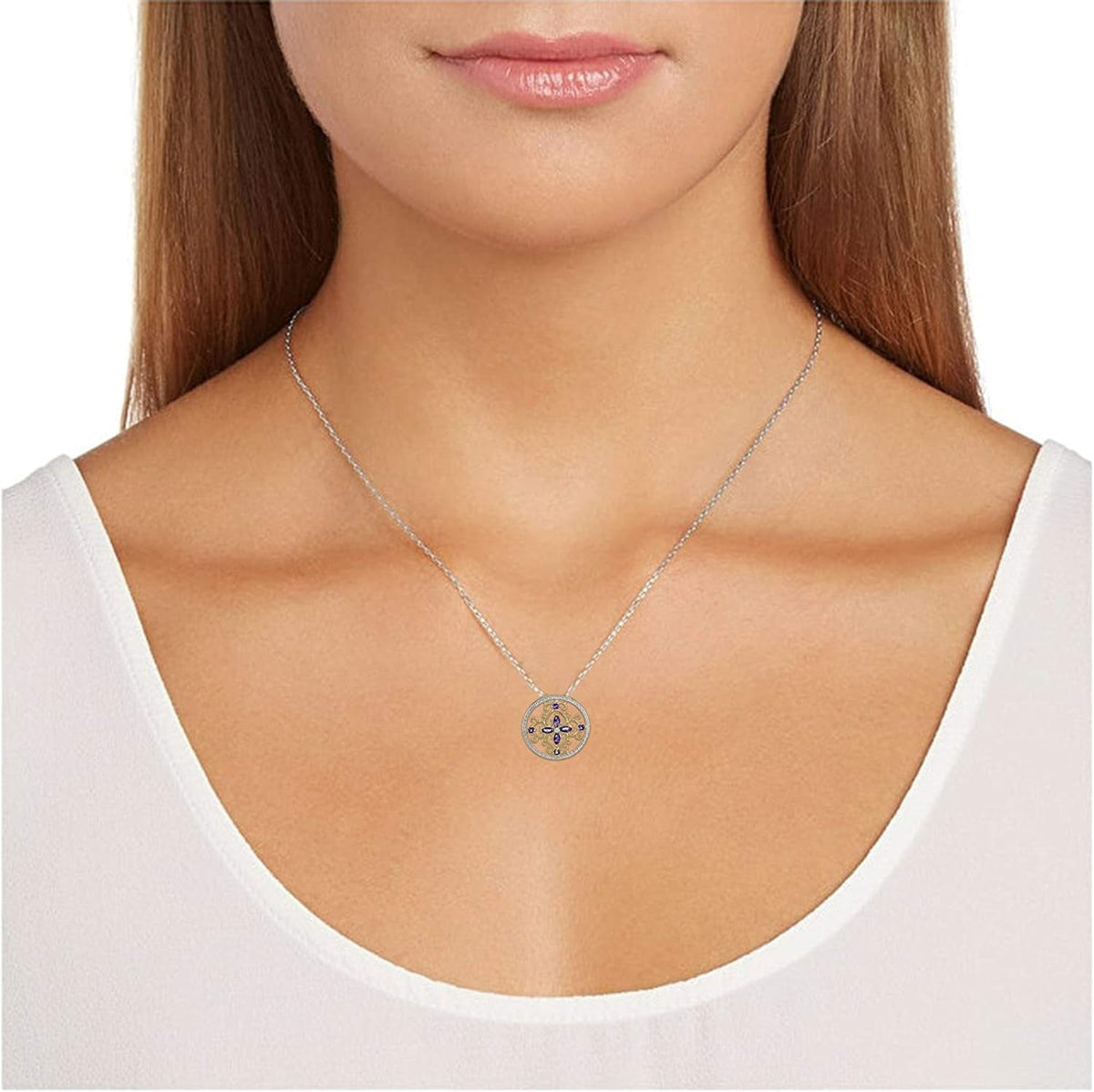 18K Yellow Gold-Plated .925 Sterling Silver Diamond-Accented Gemstone Floral Filigree Cross round 1" Pendant Necklace on 18" Chain - Choice of Birthstones