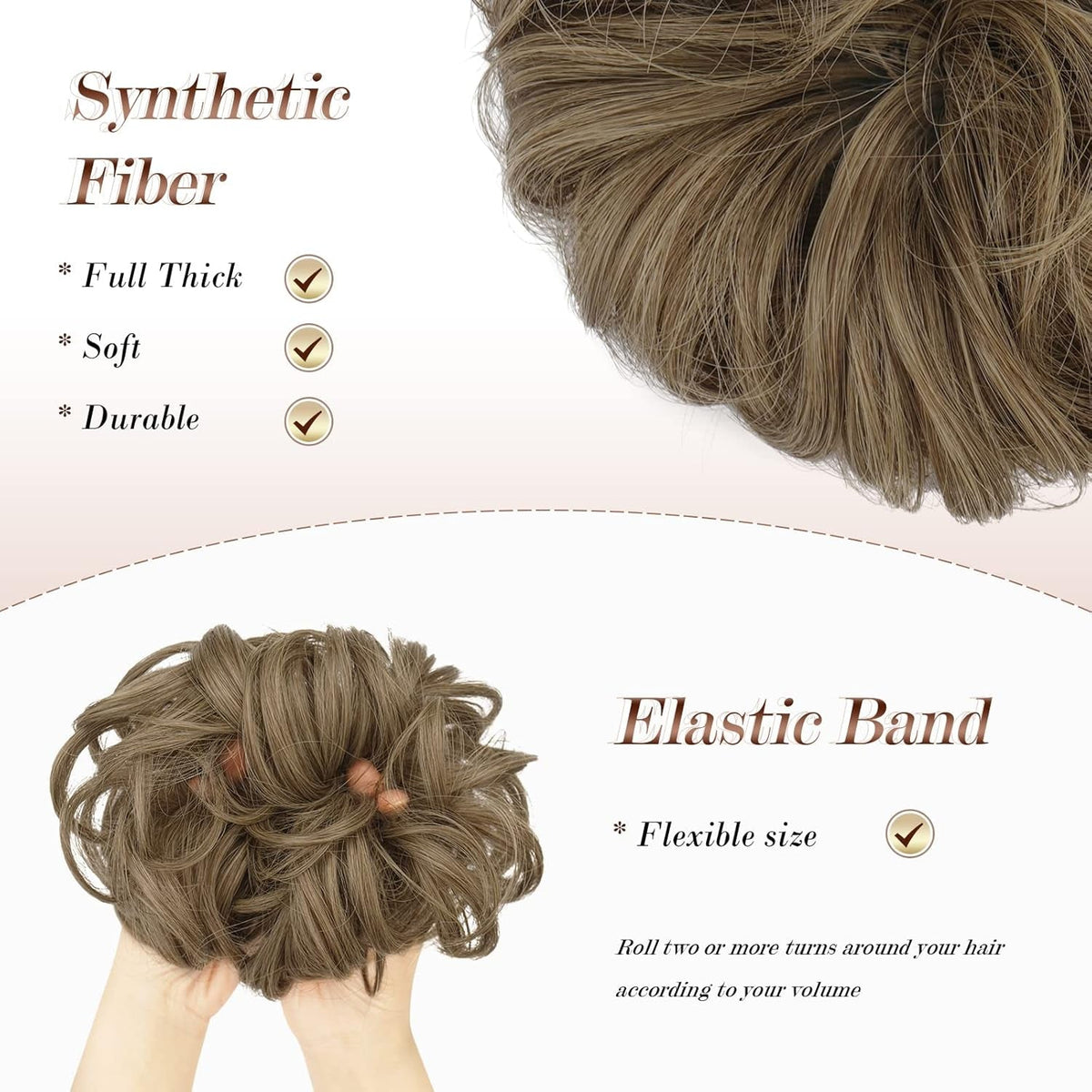 Messy Bun Hair Piece - Elastic Wavy Curly Hair Bun Scrunchies Extensions Synthetic Chignon Hairpieces for Women Girls, Dirty Brown 1 PCS