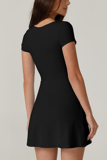 Womens Square Neck Tennis Dress Short Sleeve Built in Shorts Golf Athletic Dress with Pockets
