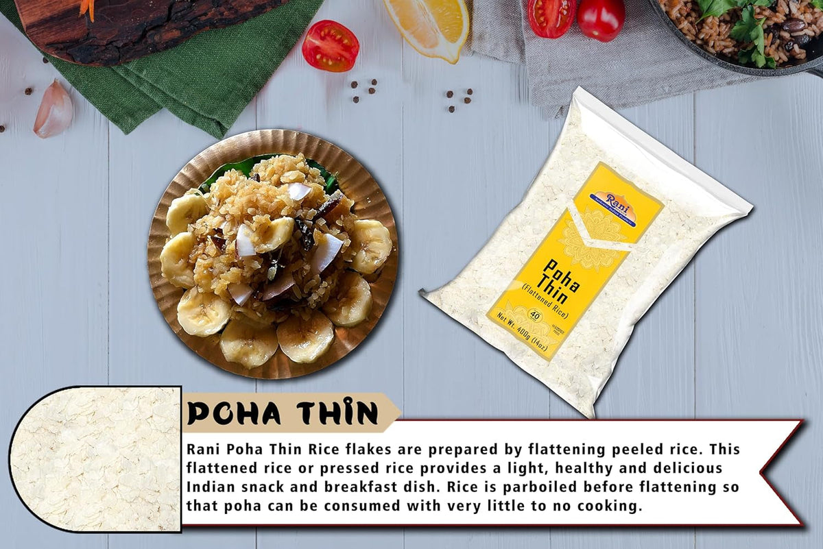 Rani Poha (Powa) Thin Cut (Flattened Rice) 14Oz (400G) ~ All Natural, Salt-Free | Vegan | Kosher | No Colors | Gluten Friendly | Indian Origin