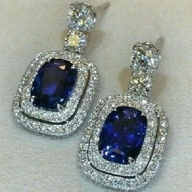 Gorgeous 925 Sterling Silver Oval Cut Sapphire Drop Earrings Micro Paved Crystal Side Stone Women's Earrings Party Jewelry