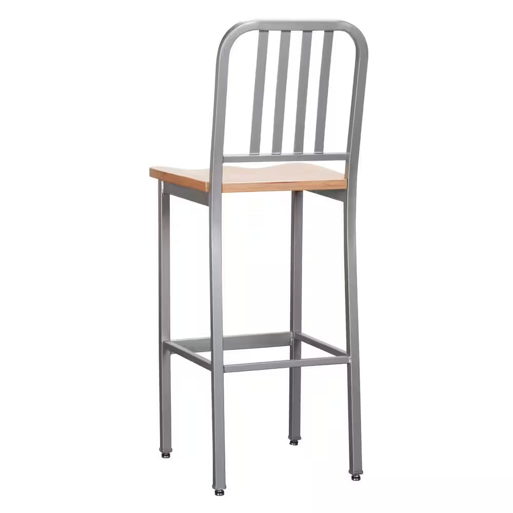 Washington 30 In. Silver Slat Back Metal Bar Stool with Wood Seat Set of 2