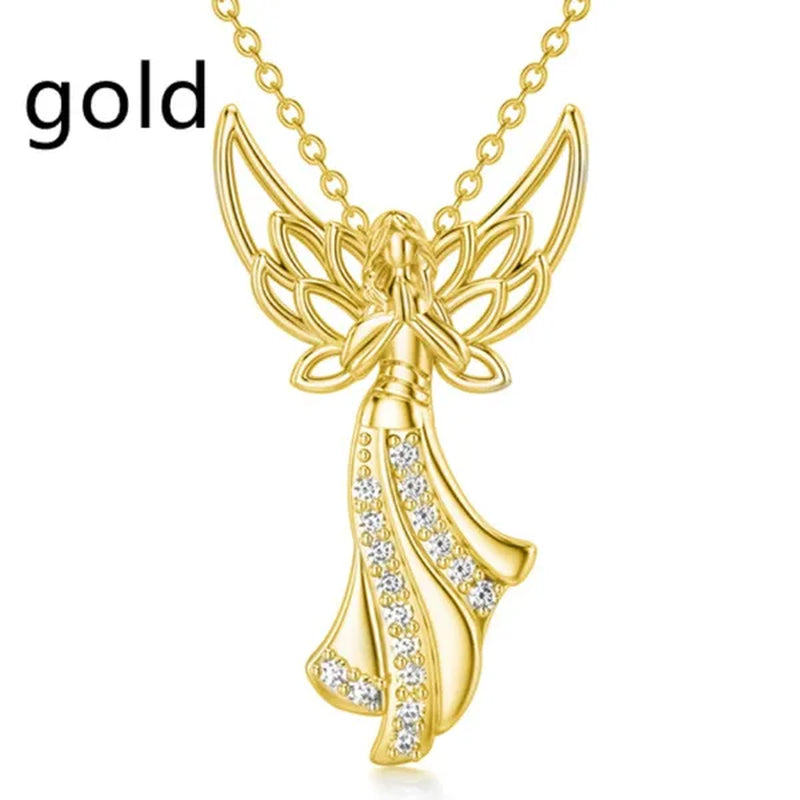 Exquisite Fashion Creative Women Angel Wings Diamond Necklace Holy Faith Angel Princess Pendant Engagement Necklace Women Diamond Jewelry Birthday Party Anniversary Gift Christmas Gift Jewelry Necklace