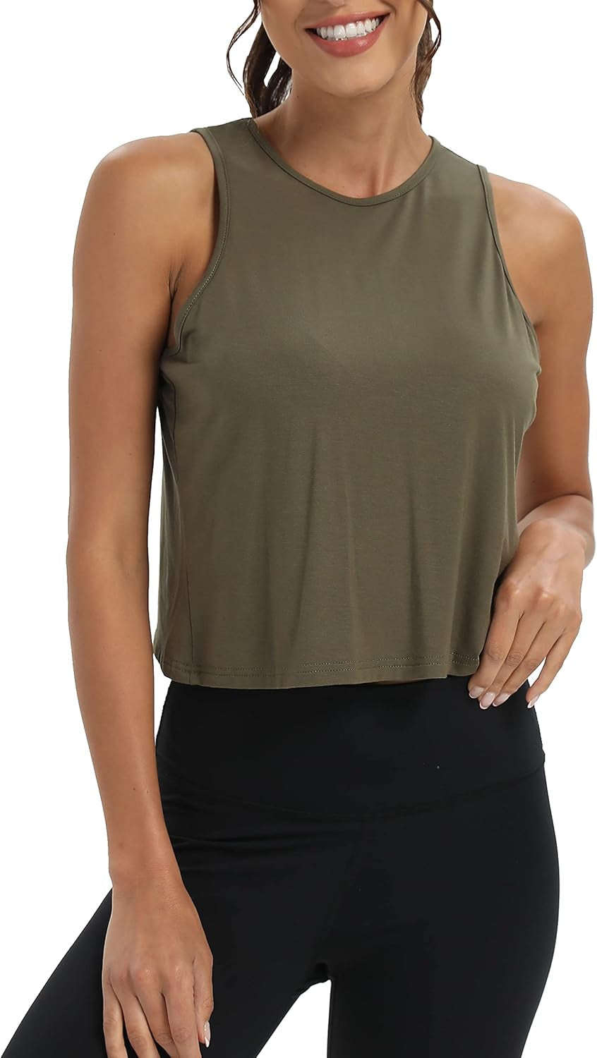 Workout Tops for Women Cropped Open Back Sleeveless Tank Tops Athletic Gym Yoga Shirts Loose Fit