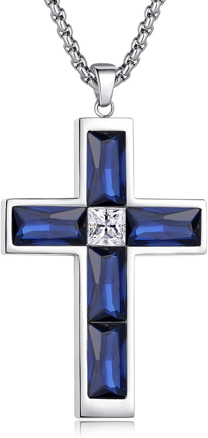 Birthstone Cross Necklace for Men, 316L Stainless Steel with Cubic Zirconia Cross Pendant Necklace for Women, 24Inch Chain Handmade Jewelry