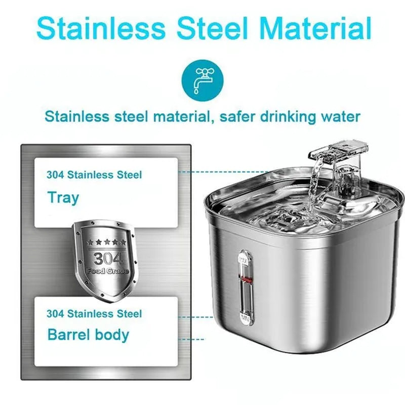 Stainless Steel Cat Fountain With Water Mark Automatic Cats Water Dispenser Filter Pet Cat Ultra Quiet Pump Water Foutain
