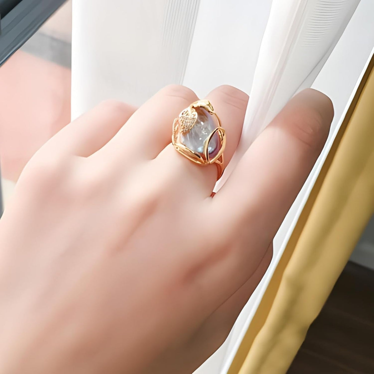 Irregular Pearl Ring, Baroque Pearl Leaf Shape Rhinestone Ring, Gold Vintage Pearl Stacking Ring, Open End Adjustable Statement Ring, Fashion Jewelry Ring Gift for Women