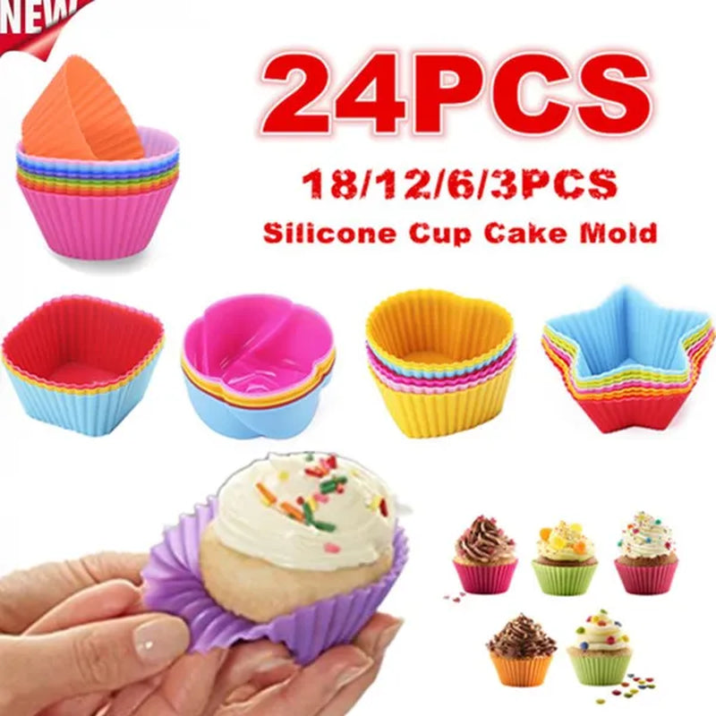 3/6/12/18/24pcs New Silicone Muffin Cake Cups for Kitchen Baking Circular Shape Square Shape Star Rose Pudding Cake Cup Creative Heart Shaped Rice Cake Cup Baking for Cupcakes and Muffin Bakeware Silicone Mold