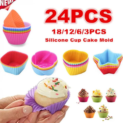 3/6/12/18/24pcs New Silicone Muffin Cake Cups for Kitchen Baking Circular Shape Square Shape Star Rose Pudding Cake Cup Creative Heart Shaped Rice Cake Cup Baking for Cupcakes and Muffin Bakeware Silicone Mold