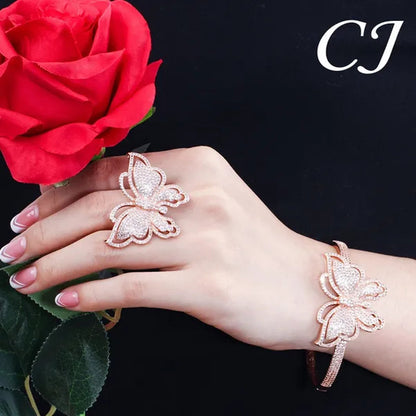 CANDICE High Quality Rose White Gold Plated Full Pave Tiny Crystal Stone Big Butterfly Shape Ring and Bangle Bracelet Party Jewelry Set for Women Christmas Gift
