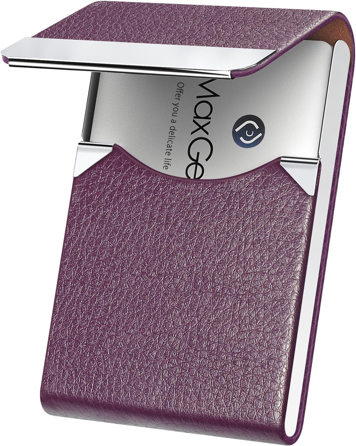 Business Card Holder, PU Leather & Stainless Steel Business Card Case for Men or Women, Slim Name Cards Holder RFID Blocking Credit Cards Carrier with Magnetic Closure, Purple