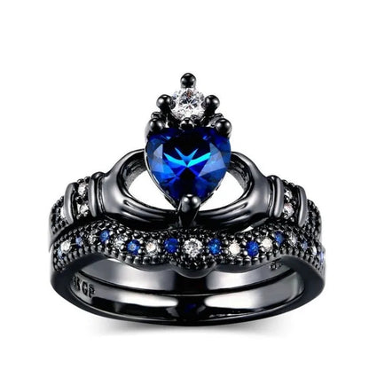 2PCS Fashion Blue Sapphire Couple Rings Diamond Rings Heart Shape Blue Sapphire Engagement Wedding Rings Set