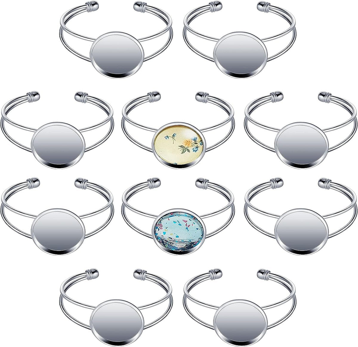 Jewelry Making Kit, 10Pcs 25Mm Bezel Tray Blank Bangle Bracelet, Adjustable round Bracelet for DIY Handmade, Men and Women (Silver)