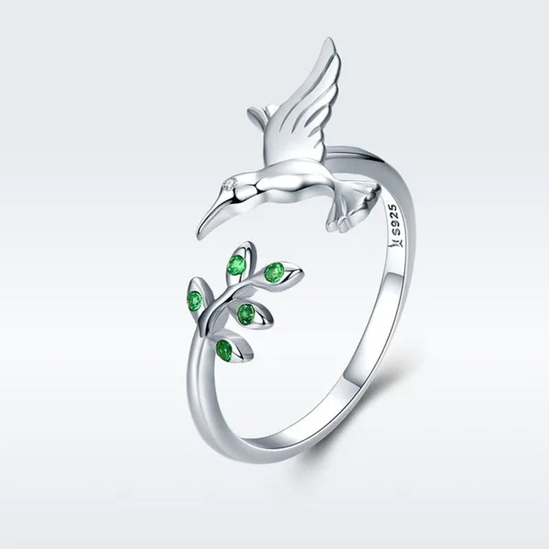 Hot Cute Bird Animal Open Ring 925 Sterling Silver Green Zircon Leaf Ring For Women Fashion Jewelry Gift