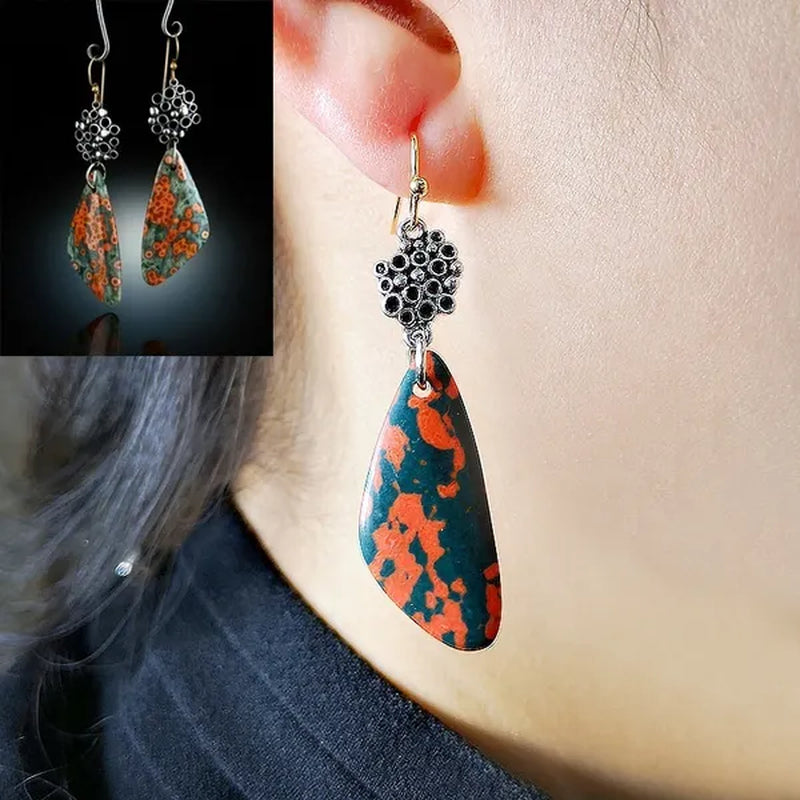1 pair Antique 925 Sterling Silver Pendant Earrings Natural Gemstone Inlay Dangle Earrings Bridal Engagement Wedding Anniversary Gift  Bohemian Style Earrings