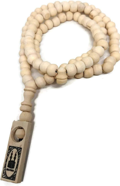 Muslim Wooden Tasbih 99 Rosary Beads Amn081 Printed Picture Tag Islam Prayer Zikr Misbaha Ramadan Gift (Beige)
