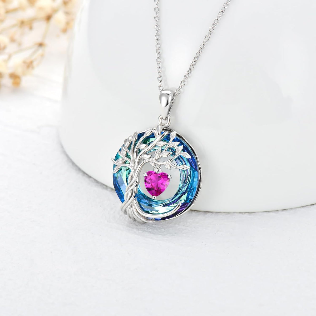 Tree of Life Birthstone Necklaces for Women White Gold Plated 925 Sterling Silver Irish Celtic Tree Jewelry Austrian Crystal Necklace Birthday Gifts