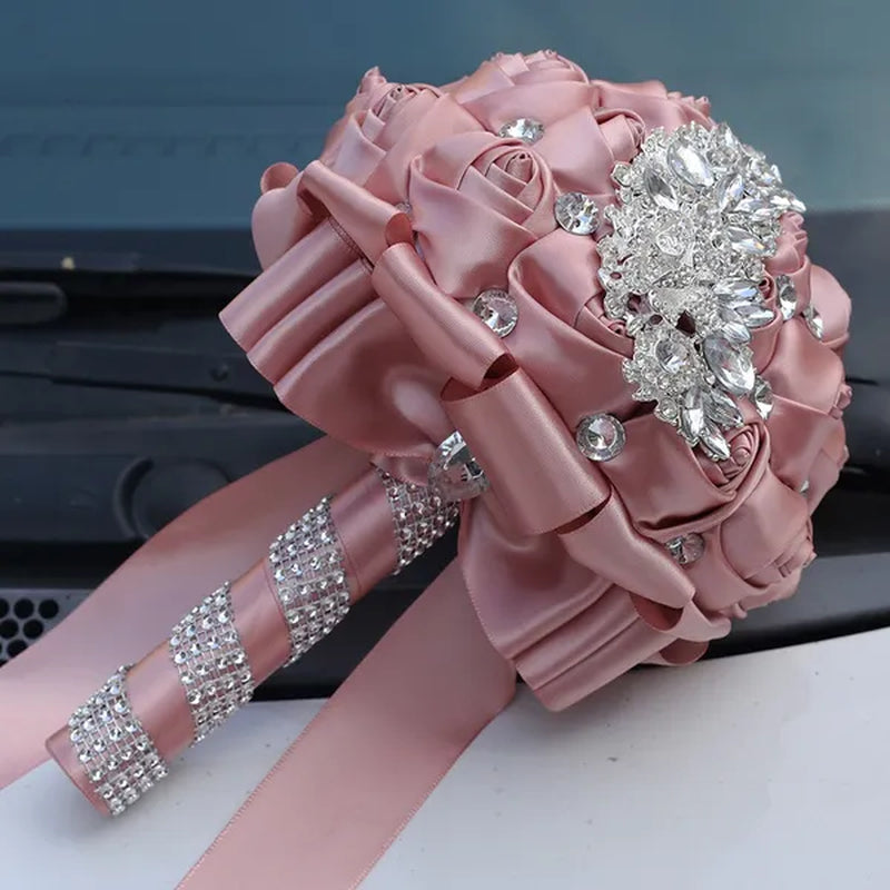 18CM Silk Rose Ribbon Wedding Bouquet Shiny Diamond Brooch Bridal Bouquet Creative Handmade DIY Bridesmaids Holding Flowers Wedding Party Simulation Flower