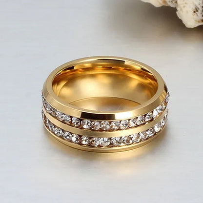 Womens Men's Fashion Double Rows Crystal gold silver black Titanium Steel Wedding Jewelry Ring 6-11