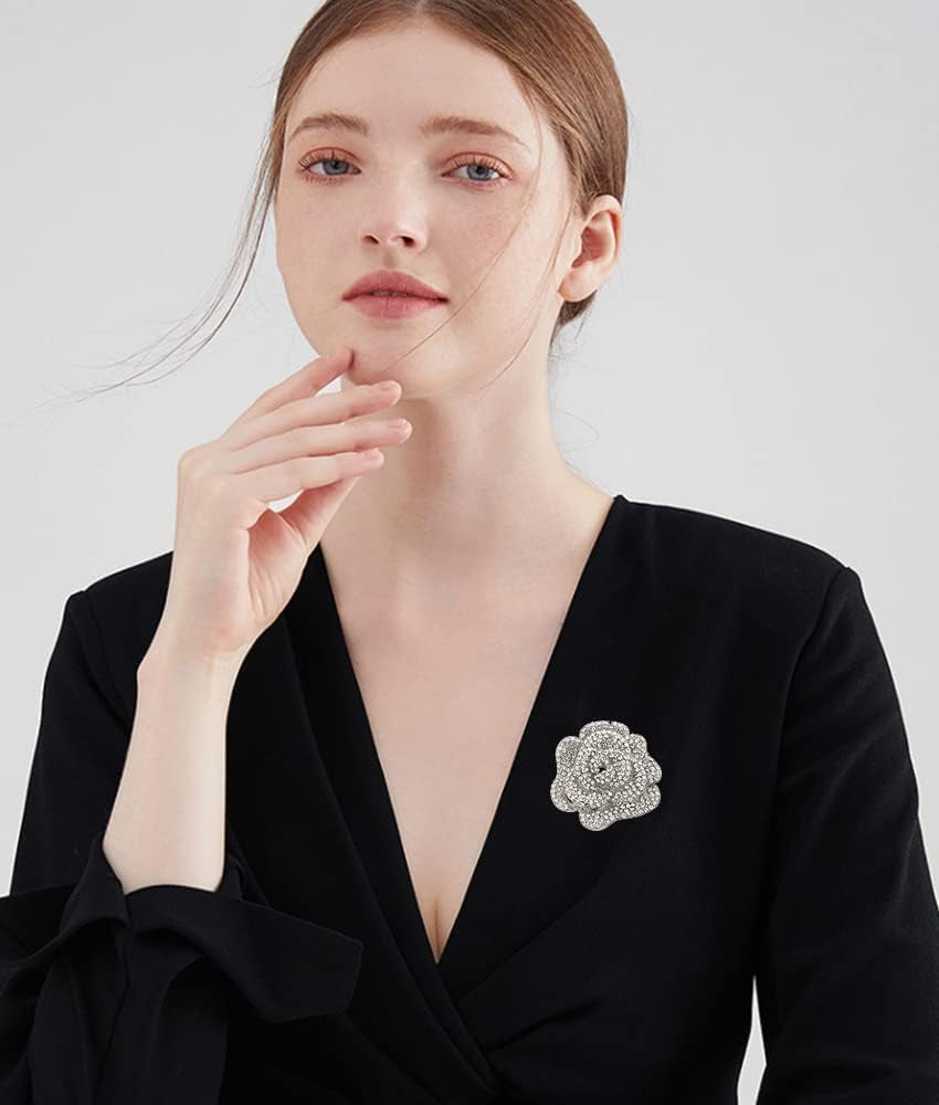Rhinestone Rose Brooch Pin for Women Girls Fashion Crystal Big Blossom Flower Brooch Lapel Pins Elegant Dress Accessories Jewelry Boutonniere Corsage for Hat Bag Suit Tie Gift Wedding Holiday