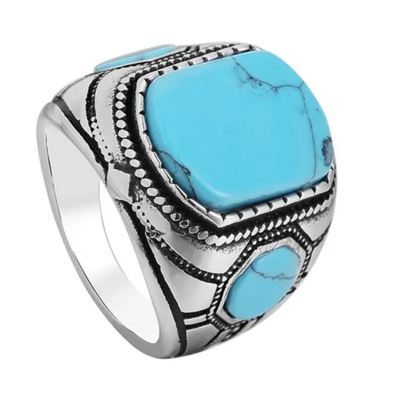 Punk Rock Vintage Classic Blue Cube Turquoise Ring Titanium Steel Retro Fine Rings for Men Boy Cool Jewelry Fashion Accessories