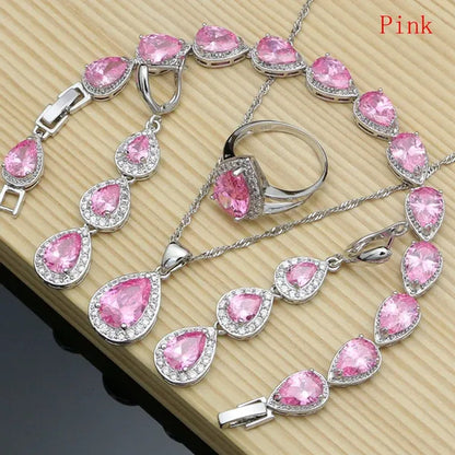 Water Drop 925 Sterling Silver Jewelry Red Ruby White Topaz Jewelry Sets Women Earrings/Pendant/Necklace/Rings/Bracelet
