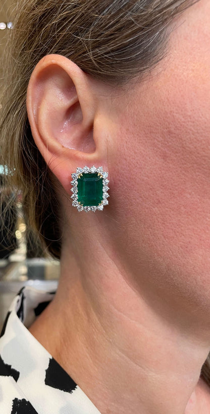 16.15ct Certified Vivid Green Emerald and Diamond 18k Gold Earrings